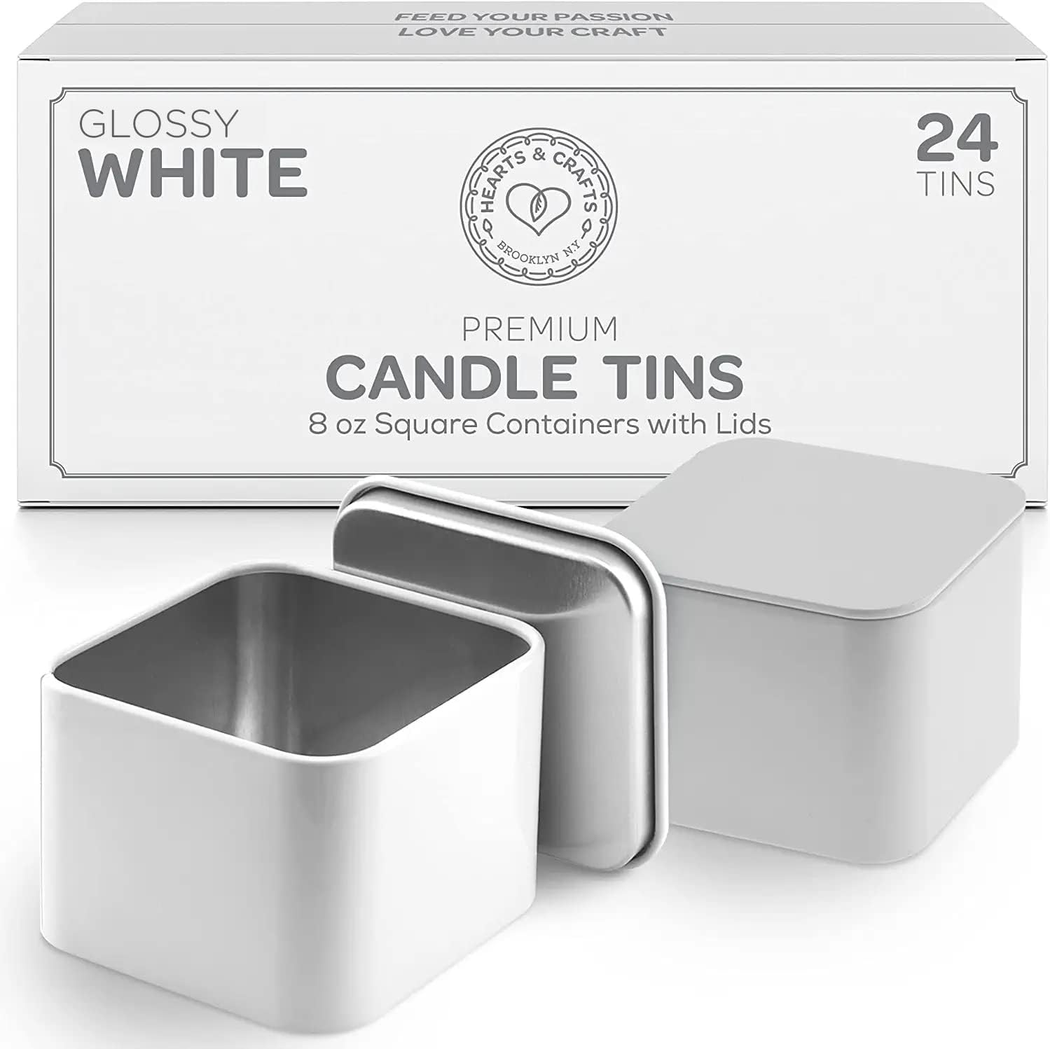 Hearts & Crafts White Square Candle Tins 8 oz with Lids 24Pack of Bulk Candle Jars for Making