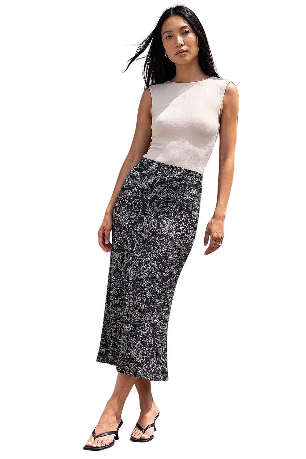 Roman Tulip Fluted Skirt for Women UK - Ladies Paneled Autumn Winter Soft Evening Work Party Night Out Office Thick Work Floral Check Paisley Print Vacation Comfy - Dark Grey - Size 10