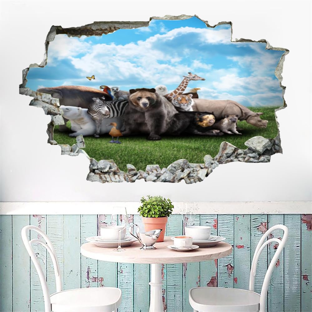 Sticker Mural 3D Ours Animal Stickers Muraux Smashed Art Imperméable Ciel Bleu Et Nuages Blancs Tatouage Mural En Vinyle Pour Enfants Chambre Salon Salle De Jeux Bébé Pépinière Décor À La Maison