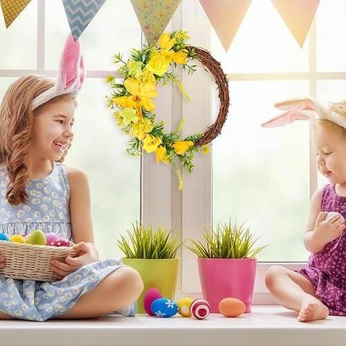 Miniatura 3 de Corona artificial de rosas amarillas, corona de flores de ratán, corona de primavera para puerta delantera, ventana, pared, boda, fiesta de Navidad,