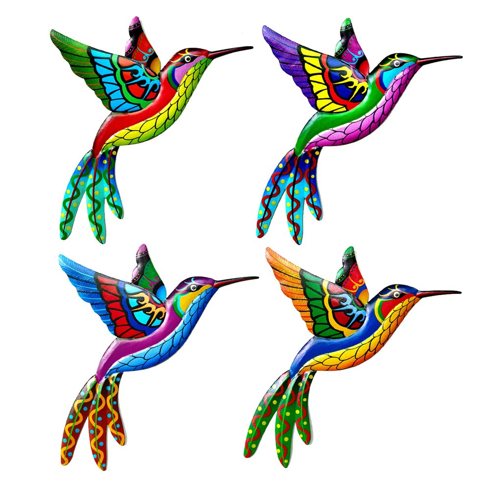 Metall Kolibri Wanddeko – 4 Bunte Vögel, 17x22 Cm, Für Garten & Innenraum, Eisen, Handarbeit