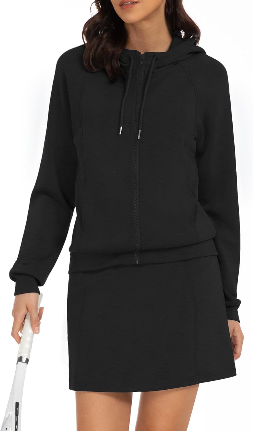 Casly Lamiit Skort Sets Women 2 Piece Outfits Athletic Tennis Skirt Sweatsuit Active Zip Up Hooded Sweatshirt Matching Lounge Clothing Black M