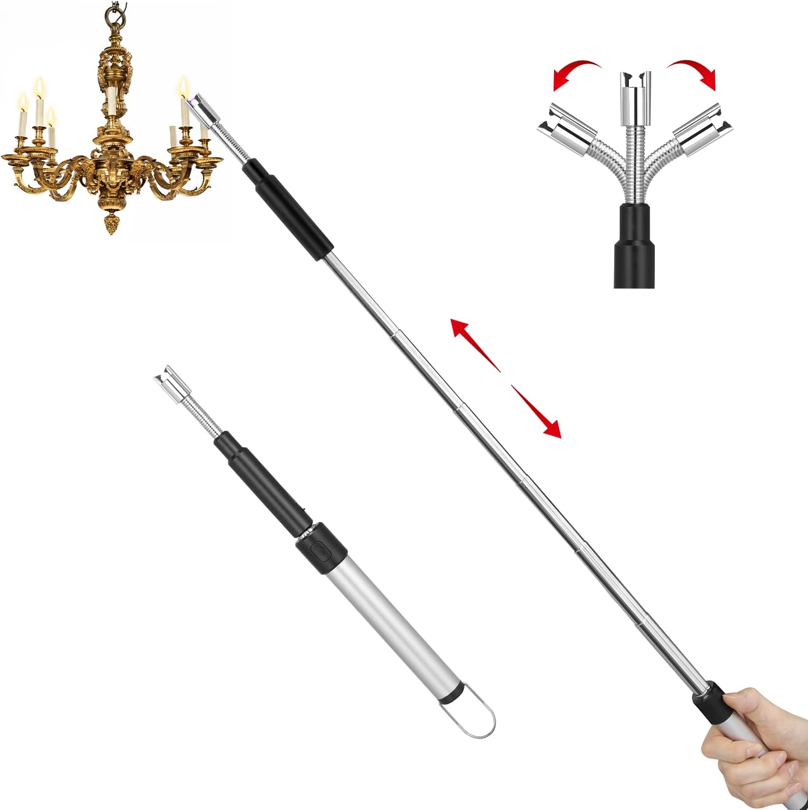 Electric Arc Flexible Neck Long Lighter,Retractable Length 11.4in to 27.55in,Rechargeable Windproof USB Lighter,360° Rotated Ignition Port, Lighters for Candle Fireplace Pilot Light BBQ Grill Silver