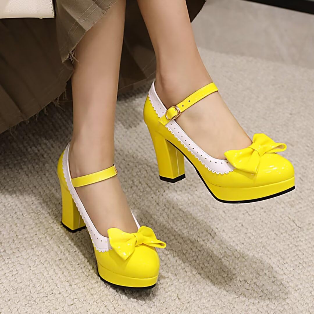 Damen Damen Plateau High Heels Pumps mit Schleife und Blockabsatz Mary Jane Schuhe