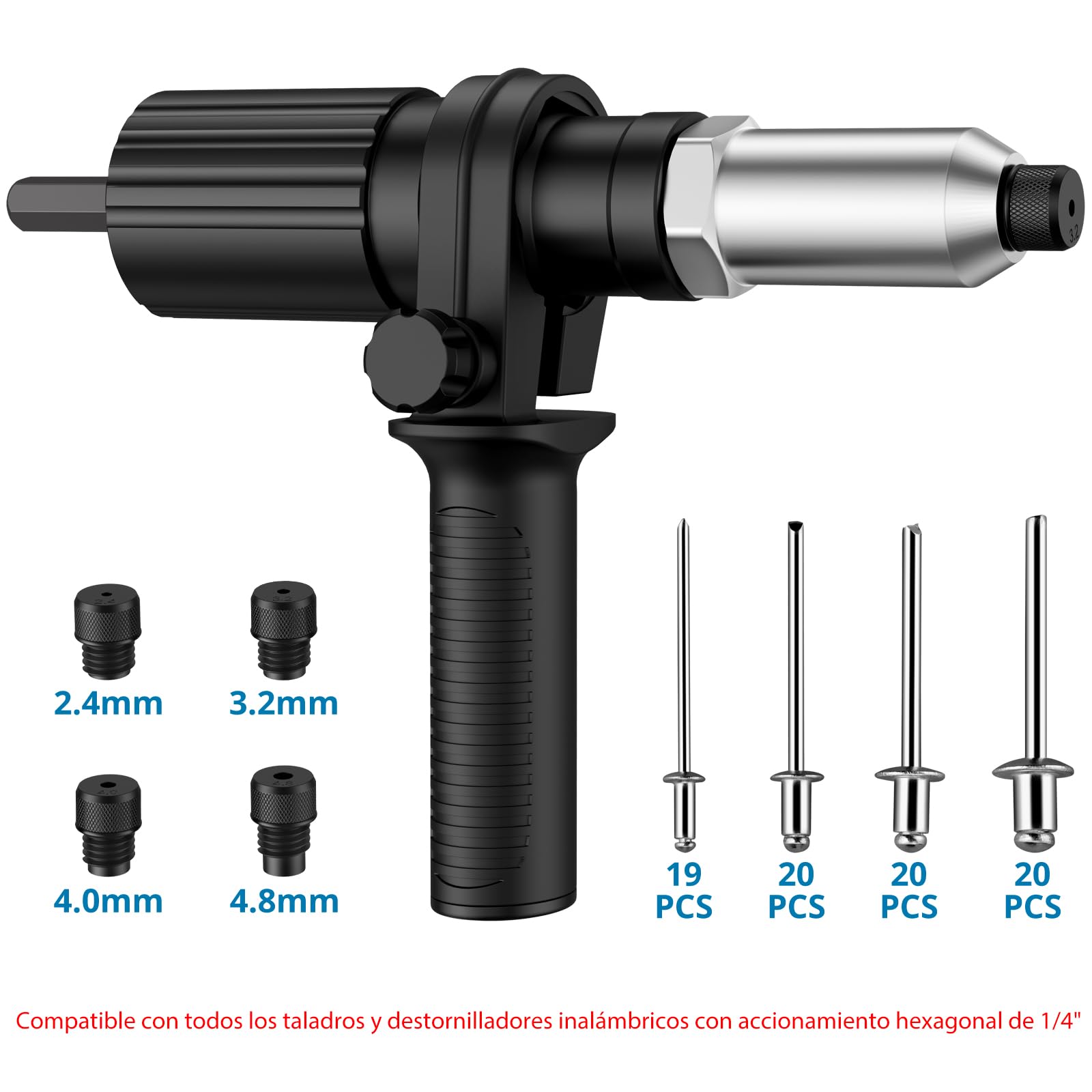 AUTOUTLET Accesorio de Remache para Taladro Destornillador Inalámbrico, Adaptador de Remache Eléctrico con Remaches de 79 piezas 2,4/3,2/4,0/4,8 mm para Remaches Ciegos (Negro)