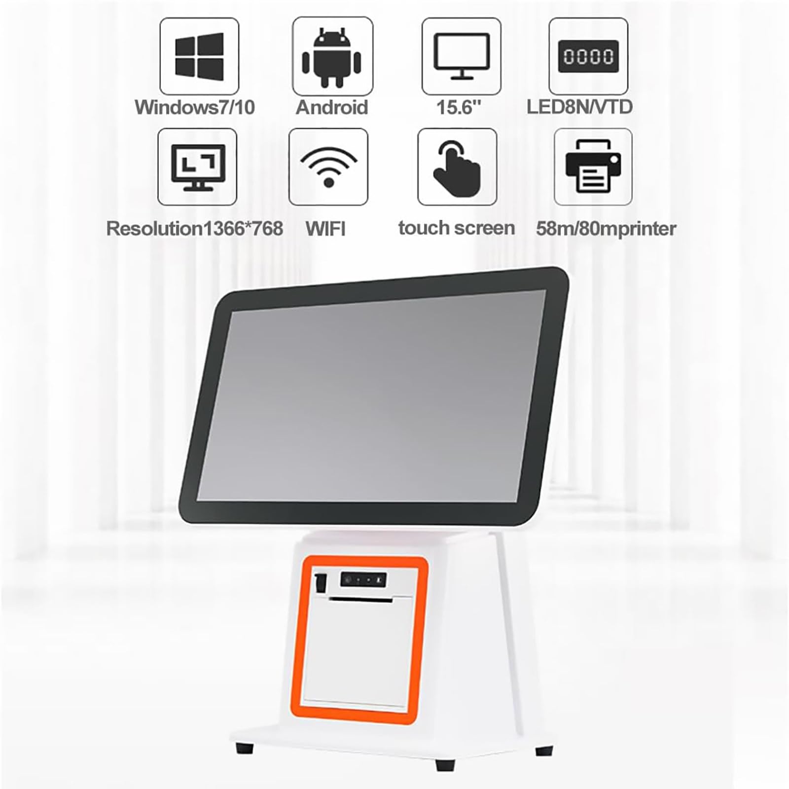 Caja Registradora Todo En Uno con Pantalla Táctil 15,6" E Impresora, Sistema POS Inteligente, Terminal Punto De Venta para Retail, Restaurante, Supermercado(White,SingleScreen)