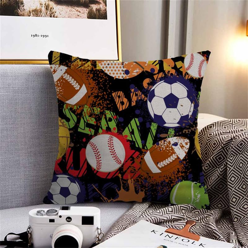 Image of Throw Pillow Covers Sport Pattern with Balls Grunge Design Black Game Pillow Case 18x18 Inch Cushion Cover for Home Party
