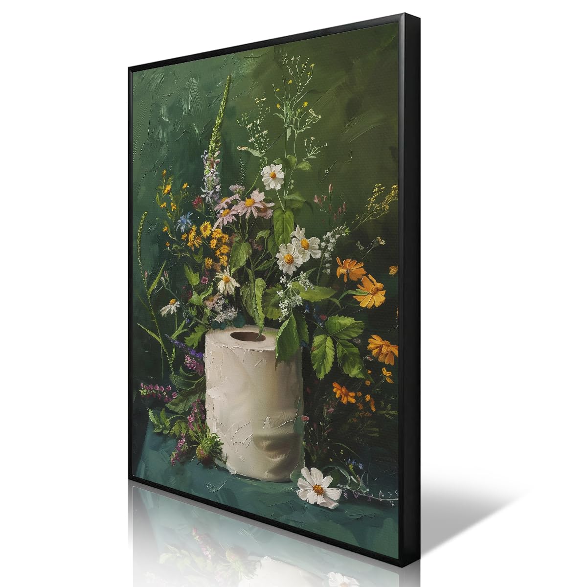 Floral Bathroom Canvas Wall Art, Dark Green Flowers Aesthetic Poster, Moody Wildflowers Botanical Print, Rustic Toilet Paper Roll with Plants Picture for Bathroom Wall Funny 12x16in Framed