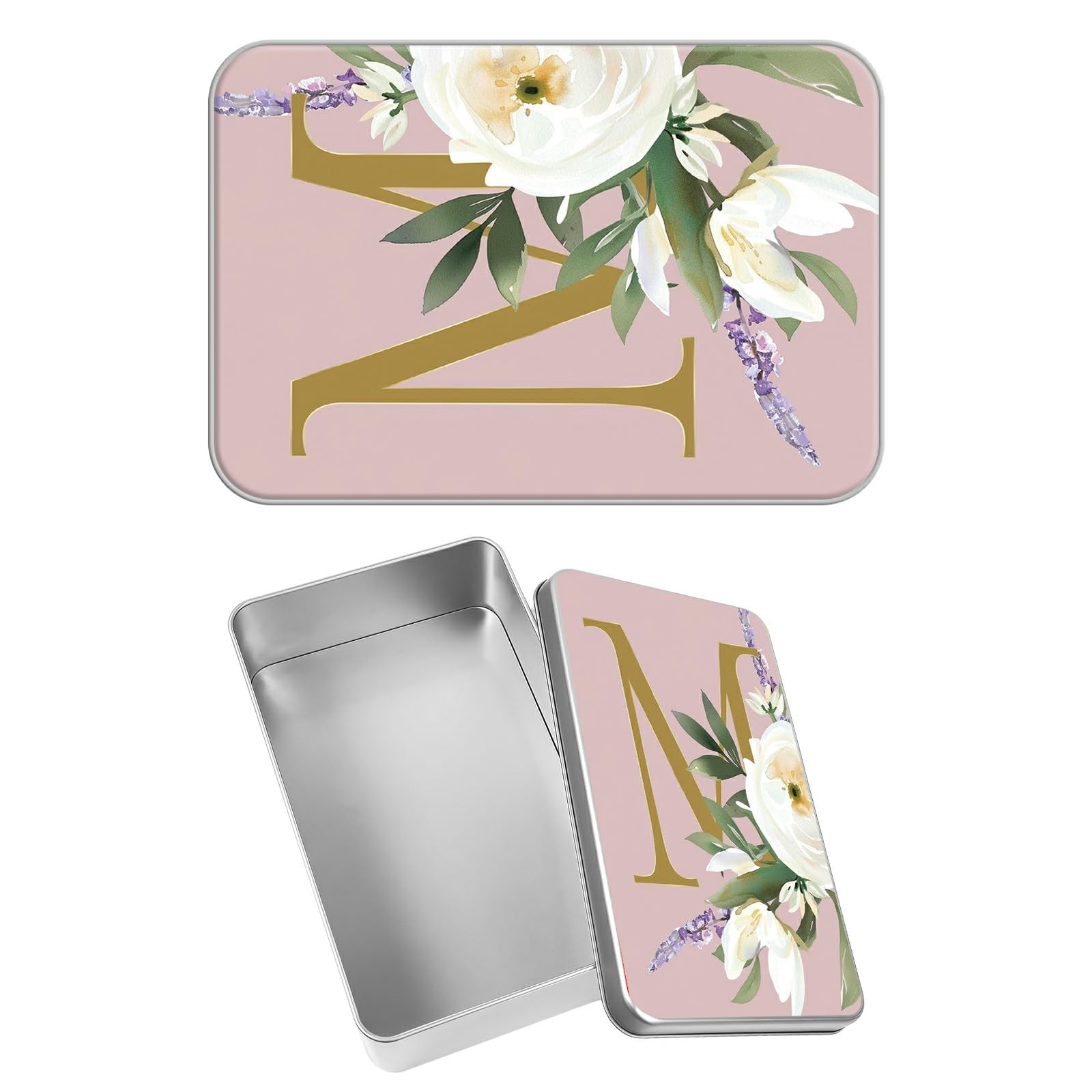 Rectangular Metal Tin Box with Removable Lid, Letter M Decorative Printed Metal Storage Container for Sweets Jewelry Tea Candies Cakes 7 x 4.33 x 2.17 inch– Single Pack