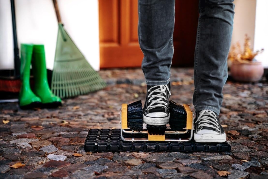 Schuhabstreifer Außenbereich mit Gummiplattform & 3 Bürsten – Fußabtreter rutschfest ohne Bohren, Schuhreiniger mit Nylonborsten, robust für Garten, Werkstatt, Baustelle & Eingang