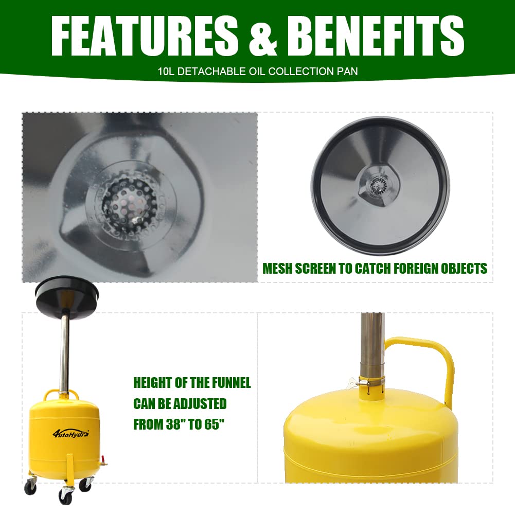 HKTE 9-Gallon Mobile Waste Oil Drain Pan - Adjustable Height (27-68 Inch), Wheels, Tool Tray & Filter Screen