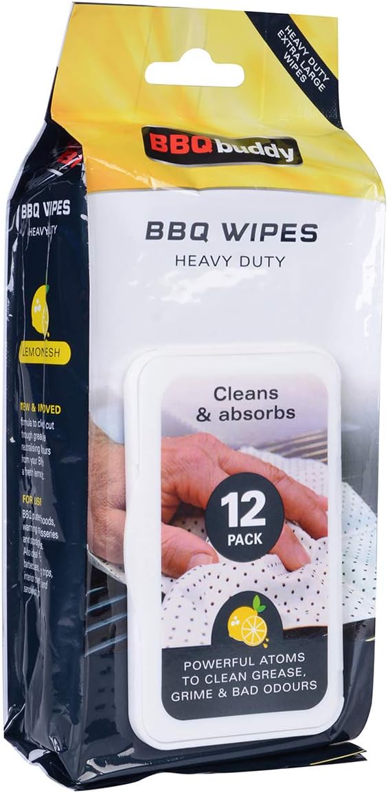 BBQ Buddy 12pk Barbecue Cleaning Wipes - Heavy Duty, Extra Large Wipes. Use all over your BBQ to keep it looking good as new
