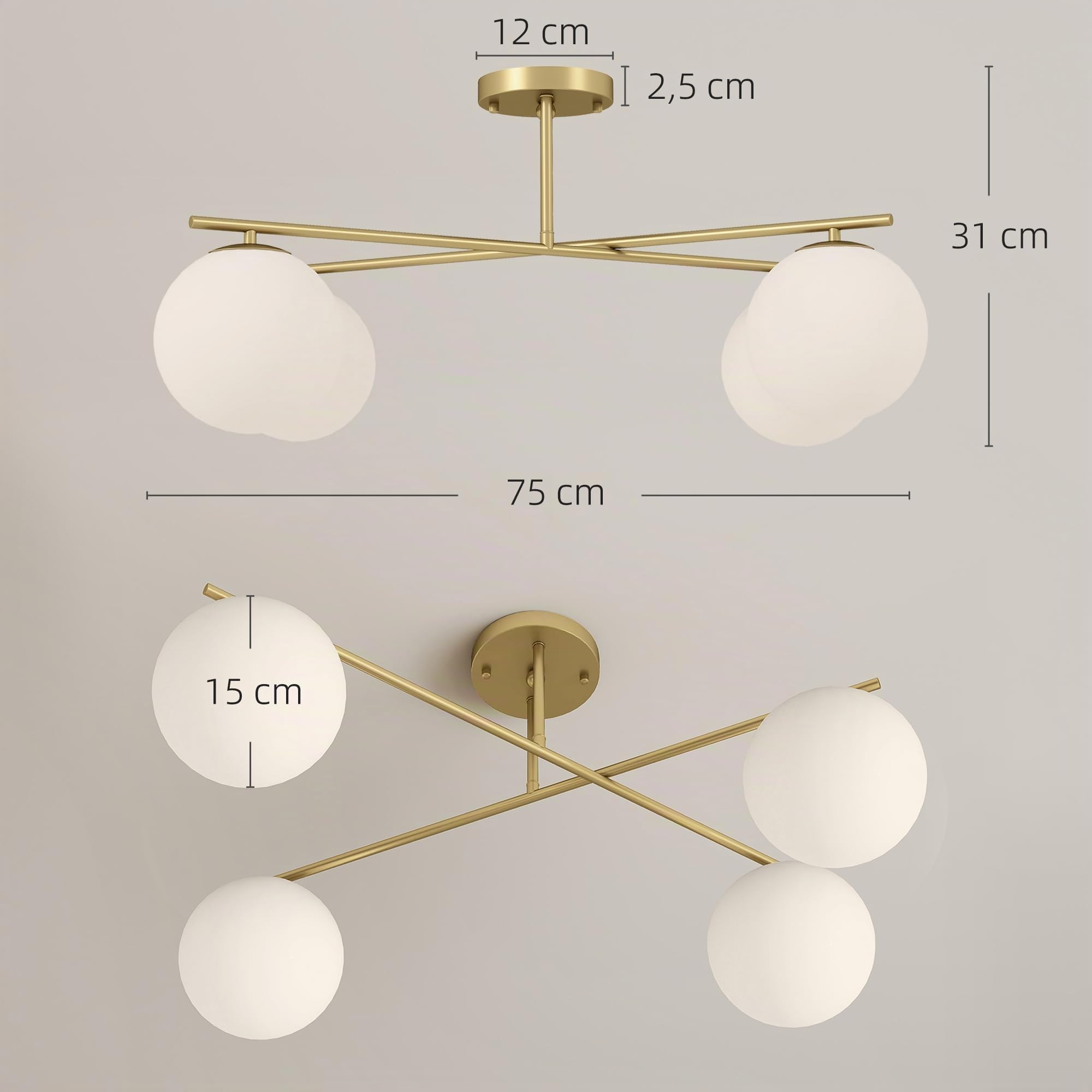 HOMCOM Plafonnier LED 40W 4 Lumières E14 Semi-Affleurant Doré et Crème