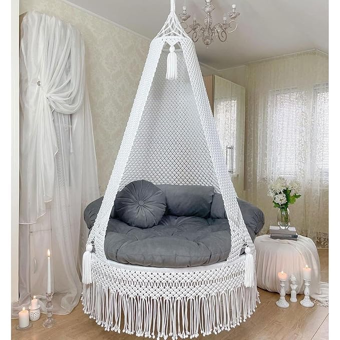 Image of Macrame Hanging Chair Swing with Cushions, Boho Indoor Round Hammock Seat Indoor & Outdoor - Patio, Balcony, Bedroom, Living Room, Garden-Kids, Adults (White with Grey)