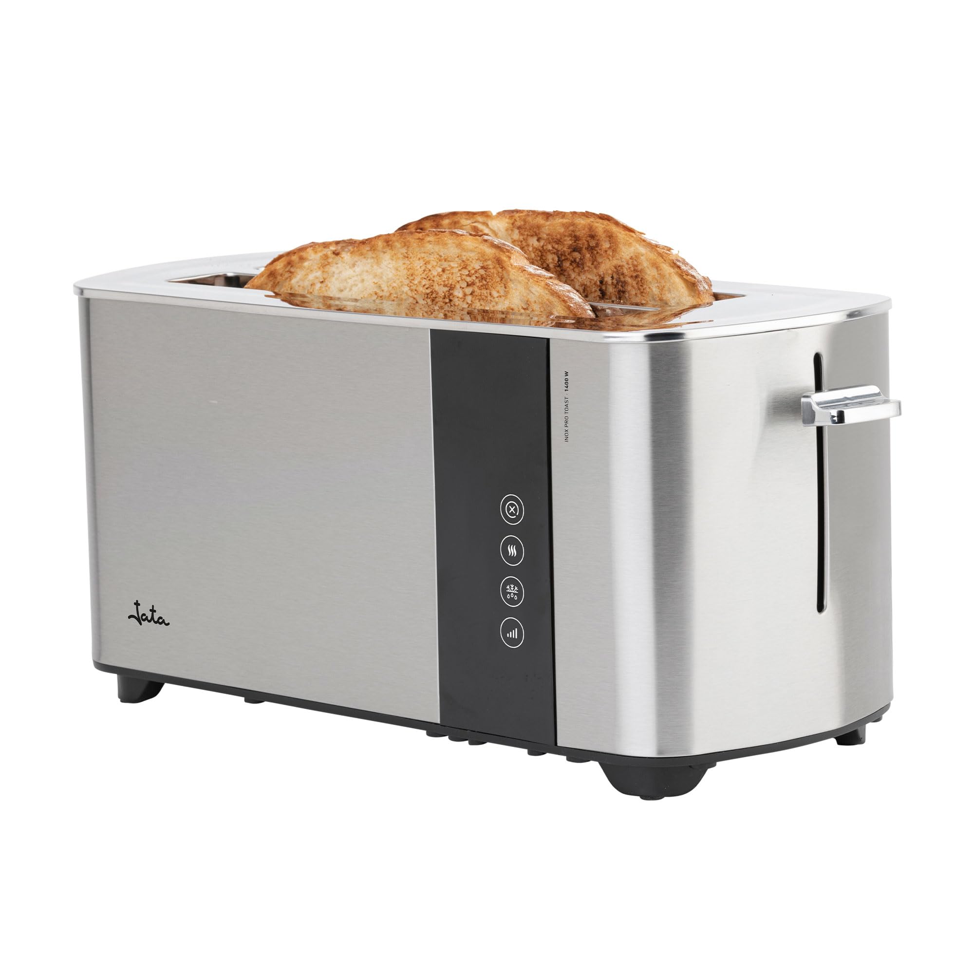 JATA JETT1146 - Tostadora Digital Inox de Ranura Larga Doble 1400W, 7 Niveles de Tostado, Pantalla Táctil, Descongelación, Recalentado y Cancelación, Acero Inoxidable