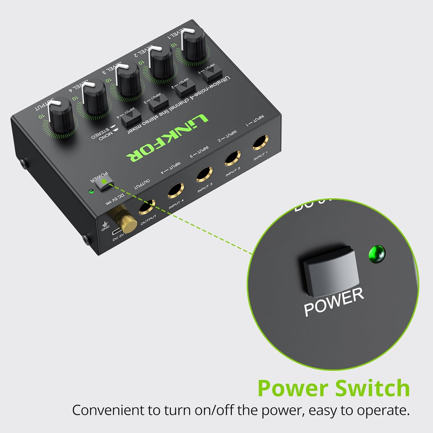 LiNKFOR 4 Channel Stereo Audio Mixer Power Switch