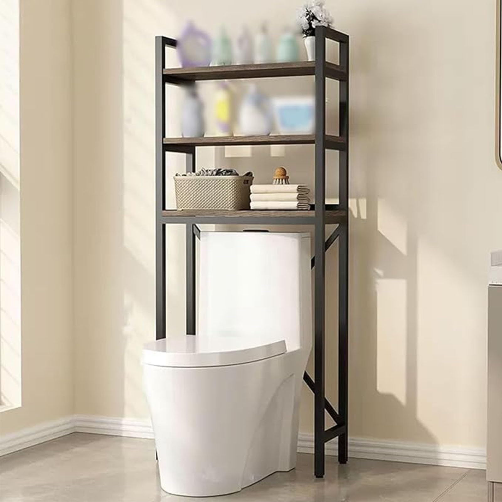 Scaffale da bagno a 3 ripiani in metallo, salvaspazio, con ripiani aperti, nero slish, perfetto per organizzare il bagno
