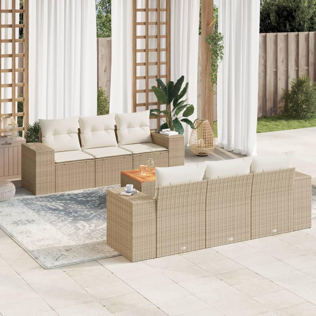Set di divani da giardino con 7 pezzi in polyrattan beige per terrazza patio e veranda, arredo lounge modulare resistente agli agenti atmosferici con cuscini sfoderabili e tavolo in legno