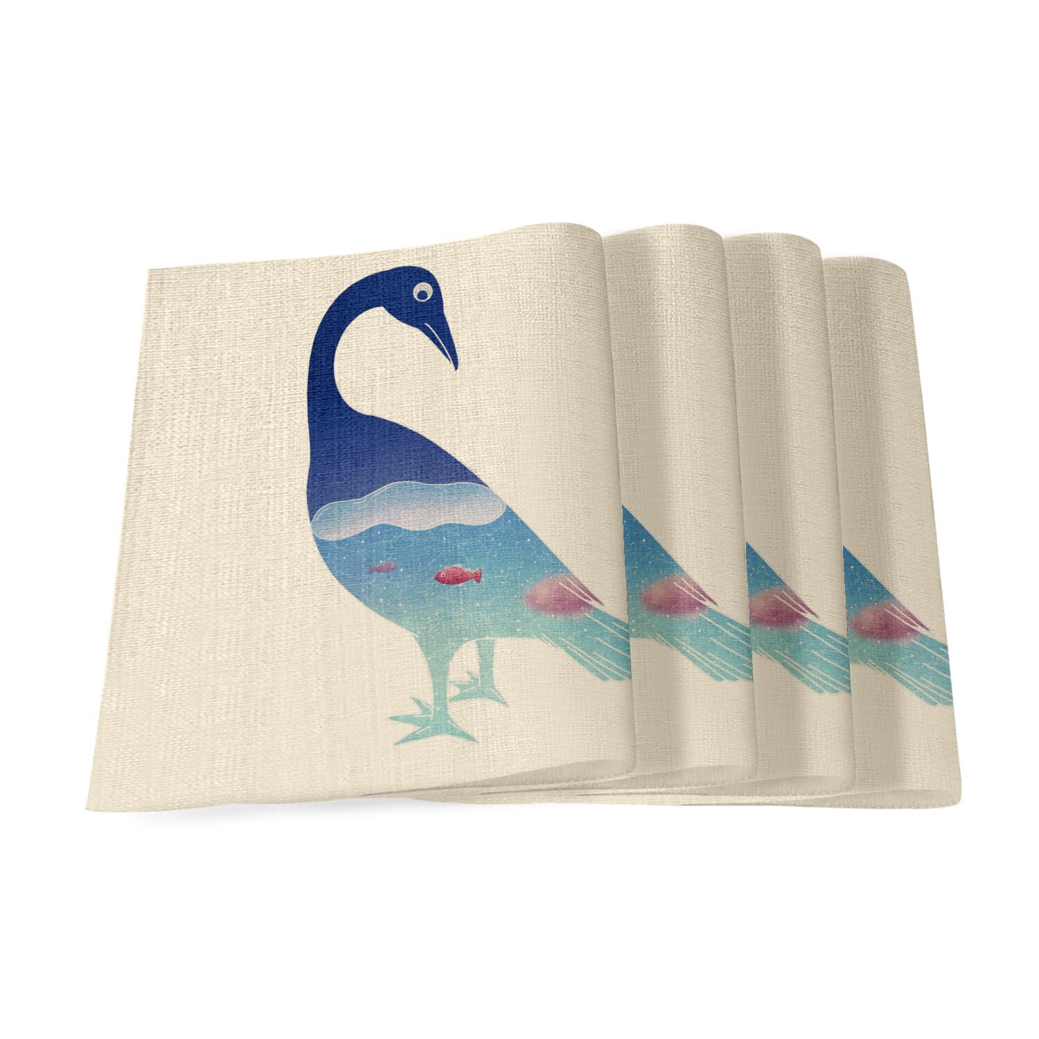 Sets de table en lin grand format contre les rayures motif artistique oiseau poisson