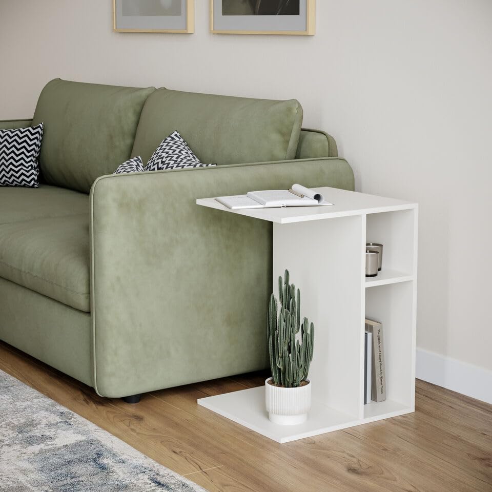 URBNLIVING Modern 2 Compartment C-Shape Wooden Sofa End Side Table - Multi-Functional for Bedside, Living and Sturdy Room - Open Shelf Storage - Compact Design