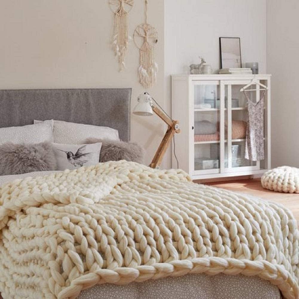 Doux Plaid Tricot Grosse Maille, Fait Main Super Épais Couverture Tricotée en Laine, Respirant Confortable Chaud Couverture de Canapé Jeté de Lit, pour Canapé Lit Fauteuil Jardin ( Color : Beige , Siz