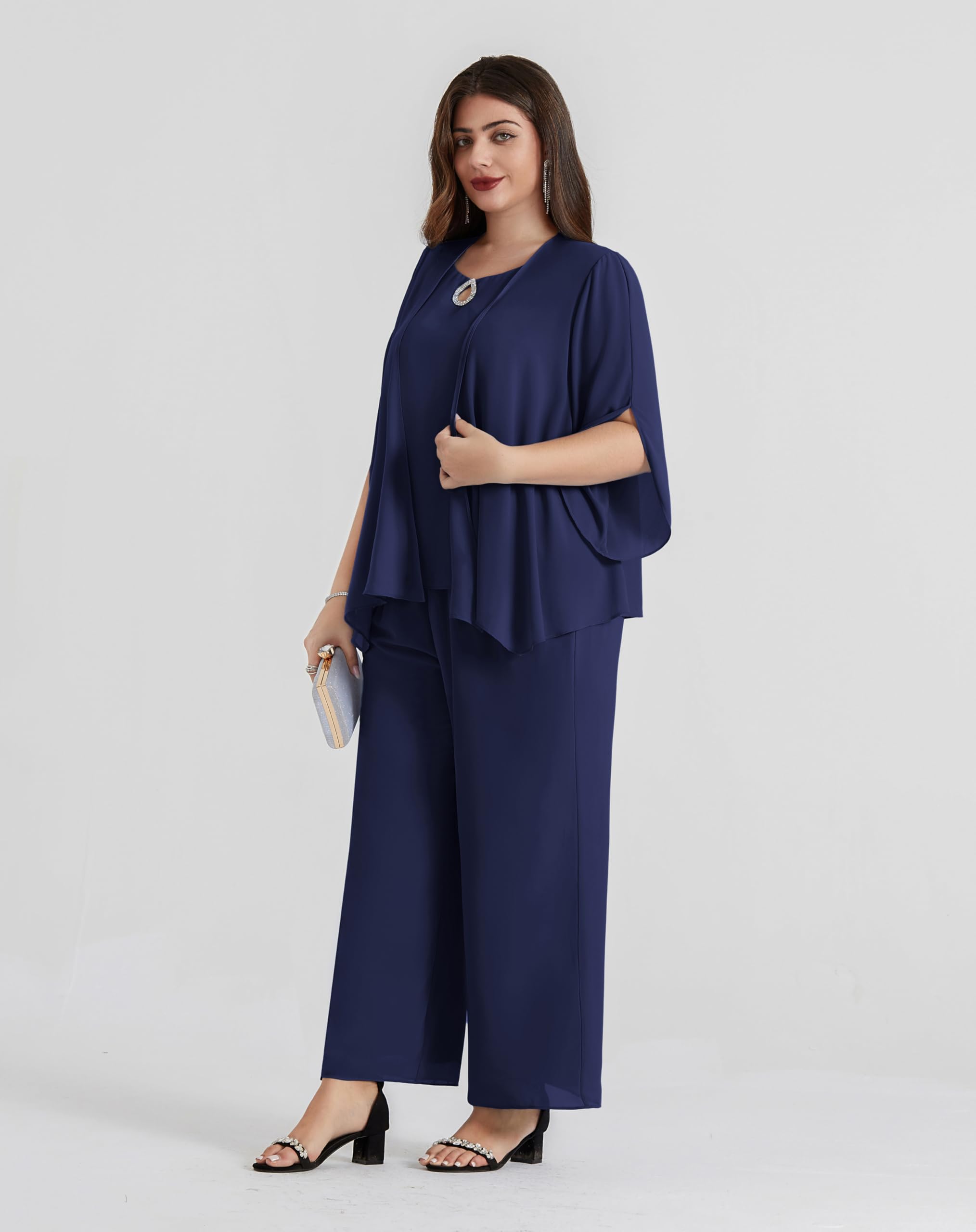 Hanna Nikole Ensemble 3 pièces en mousseline de soie pour femme - Grandes tailles - Pour cocktail, fête, fête - Élégant - Avec t-shirt et taille haute - Pantalon