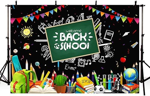 Miniatura 4 de Telón de fondo de bienvenida de regreso a la escuela, primer día de jardín de infantes, fondo negro para fotografía de profesores y estudiantes,