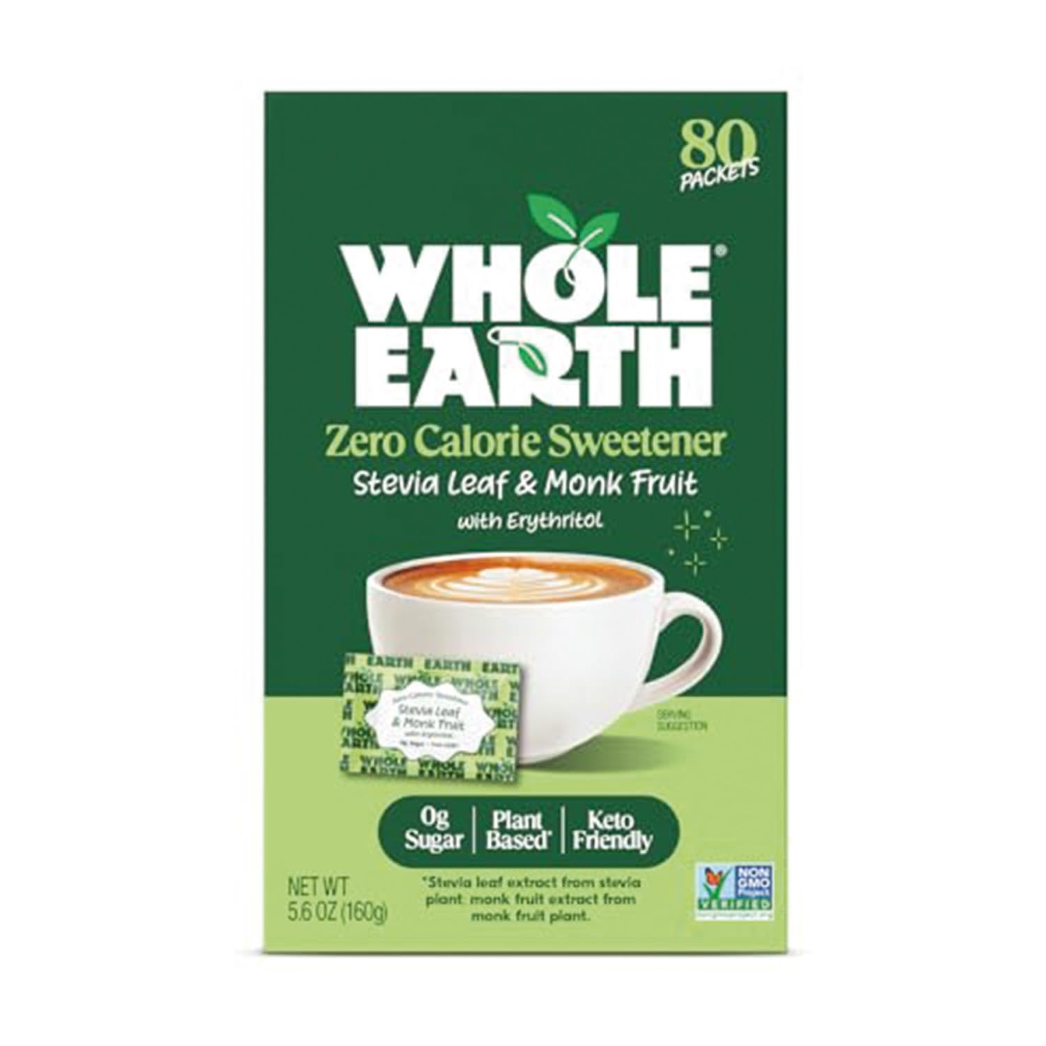 Whole Earth Sweetener Co. Stevia Leaf and Monk Fruit Sweetener, Erythritol Sweetener, Sugar Substitute, Zero Calorie Sweetener, 80 Packets (Pack of 2)
