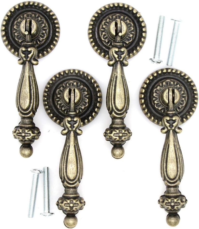 4 PCs Vintage Pendant Pulls - Antique Brass Pulls Knob Handles - for Cabinet Cupboard Dresser Wardrobe - Length 3.4-in (86 mm) Width 1.3-in (33 mm)