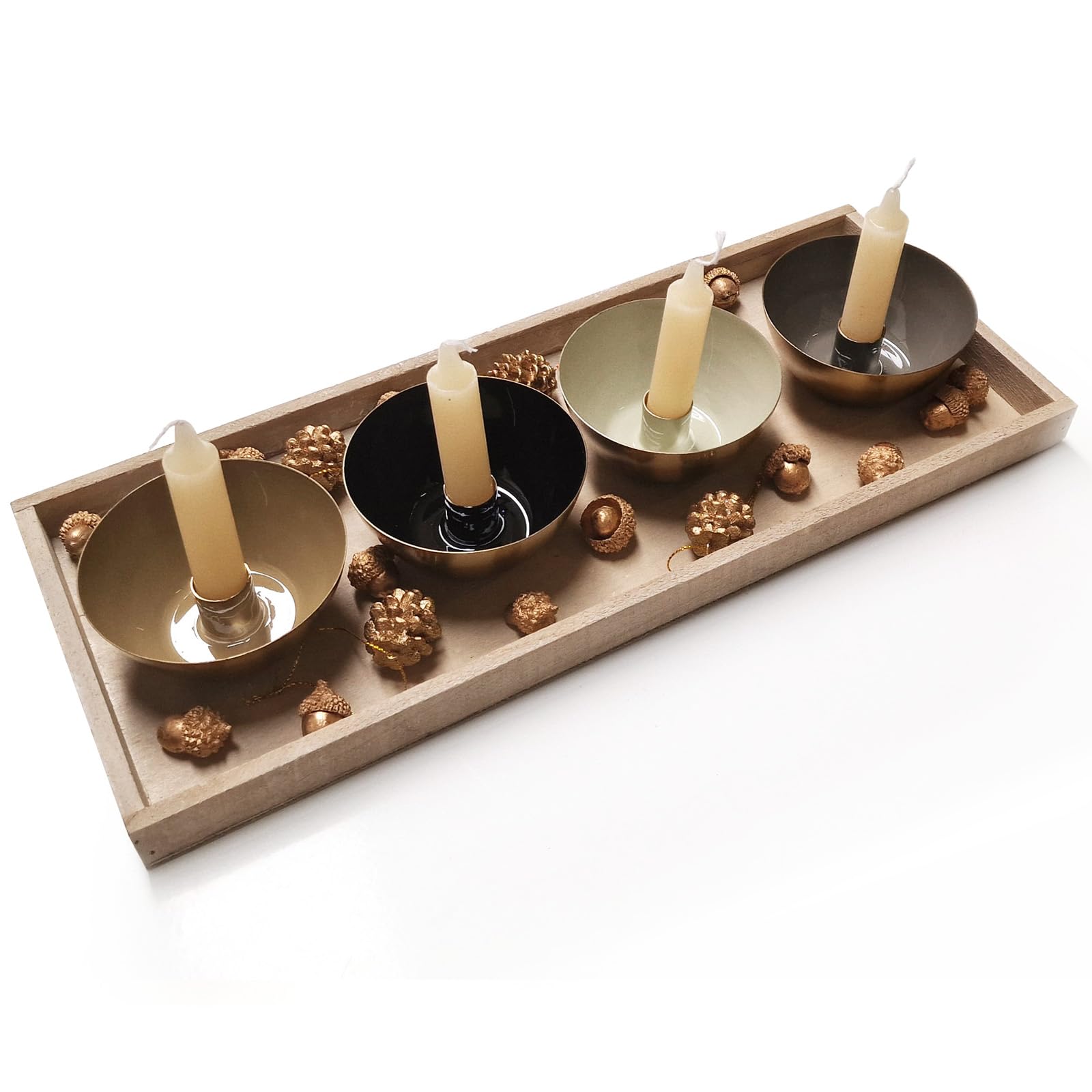 Logbuch-Verlag 4 Schalen für Kerzen als Adventskranz auf einem Holztablett mit weihnachtlicher Dekoration Gold Natur braun 45 x 18 cm