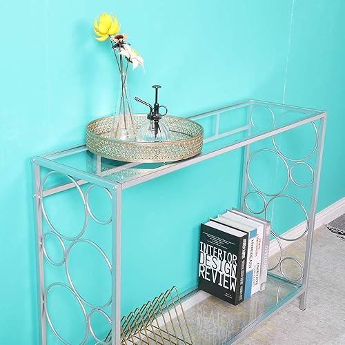 Miniatura 9 de SSLine Mesa consola de vidrio templado, mesa de sofá de cristal transparente, mesas de entrada con estante para pasillo, sofá, sala de estar,
