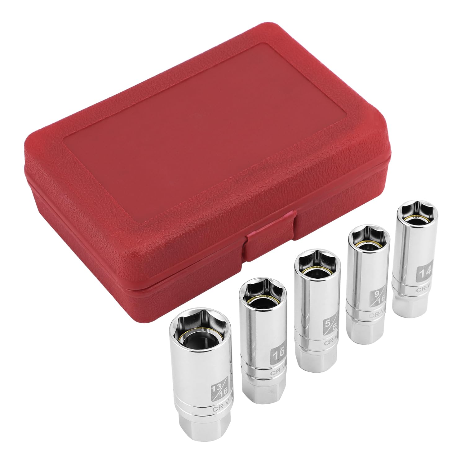 QWORK Professional Magnetic Spark Plug Socket Set, 5-Piece (5/8'', 9/16'', 13/16'', 14mm, 16mm), 3/8-Inch Drive