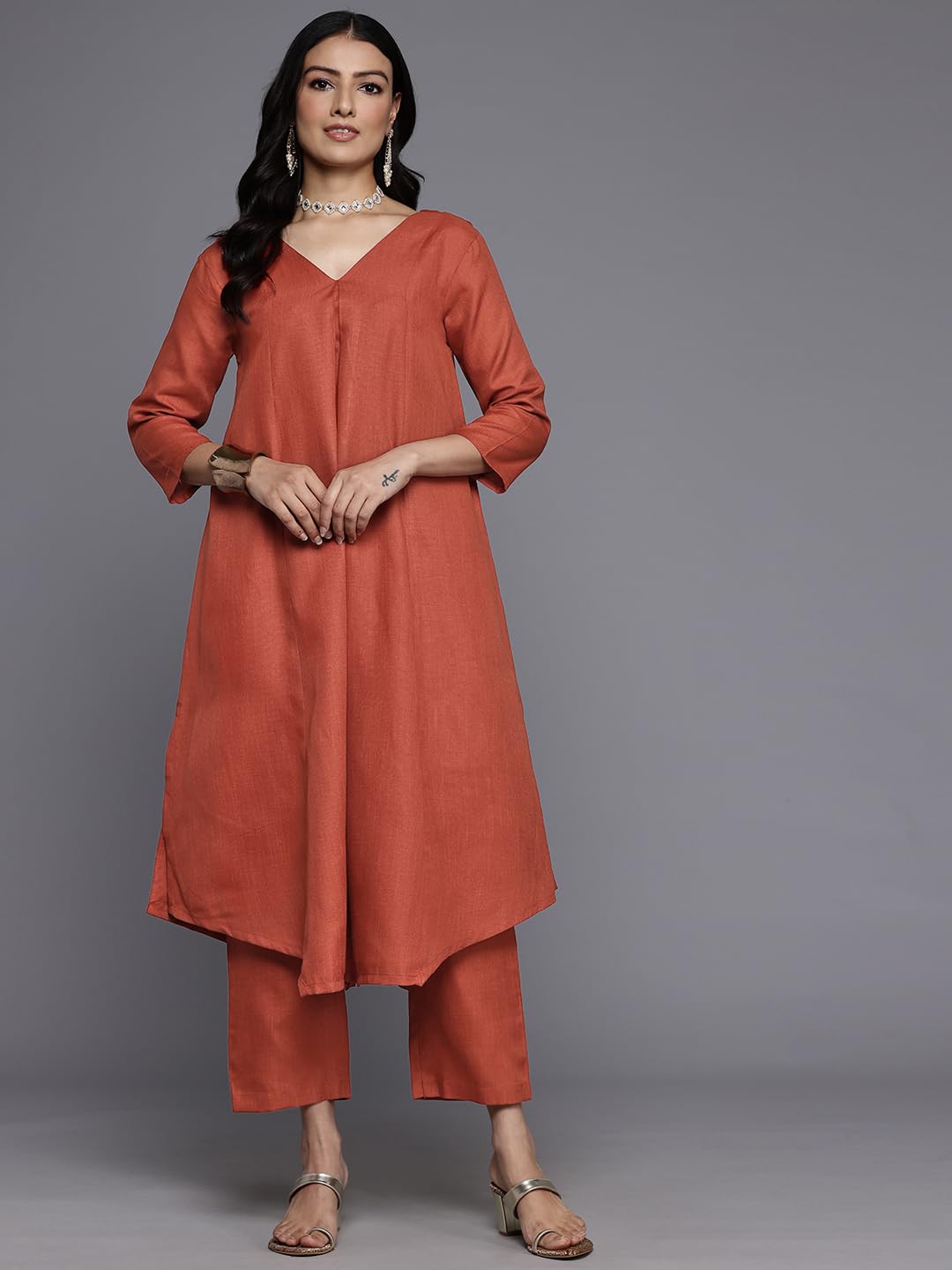 Varanga Women Orange Solid A-Line Kurta With Tonal Bottom  Comfortable And Stylish Ethnic Wear For Women