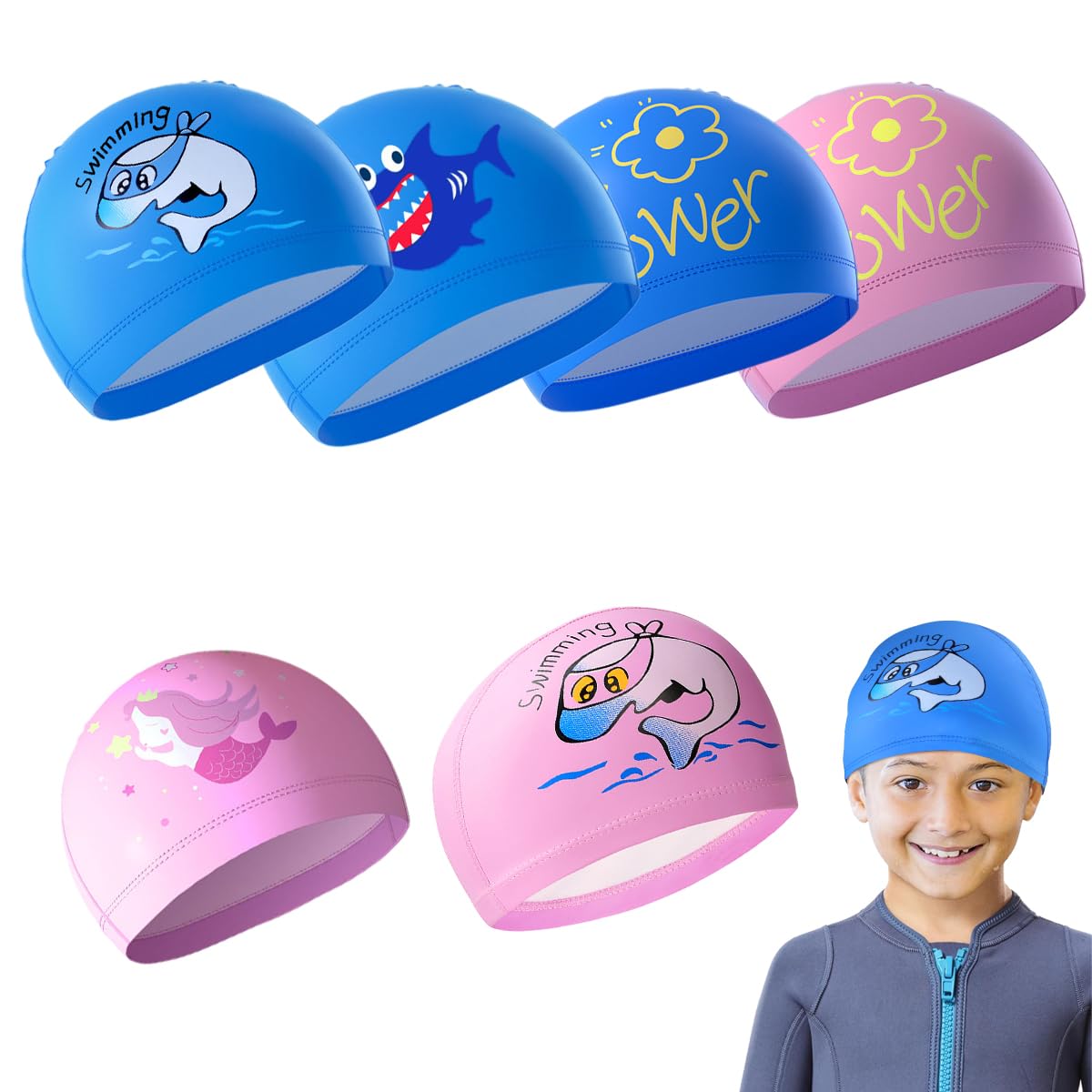 Garegce Kids Swimming Cap, Kids Fabric Swim Cap Waterproof Comfortable Soft Children'S Swim Hat, Unisex for Boys Girls Toddler Children Teens for Age 3-6-10, Cute Cartoon Pattern