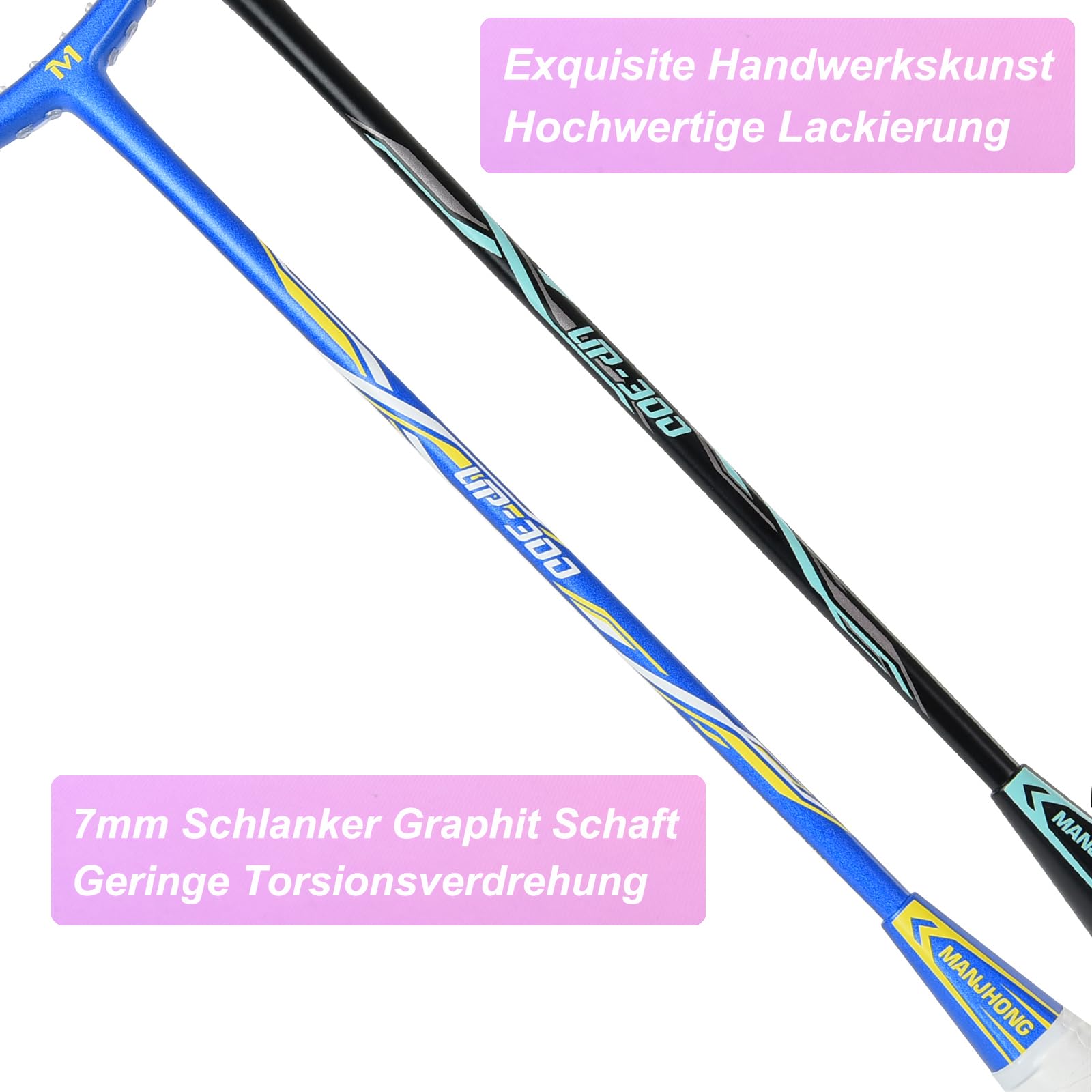 Graphit Badmintonschläger Set, Kratzfestes Rahmendesign, Carbon Badminton Schläger mit Tasche, Federbälle, Griffband