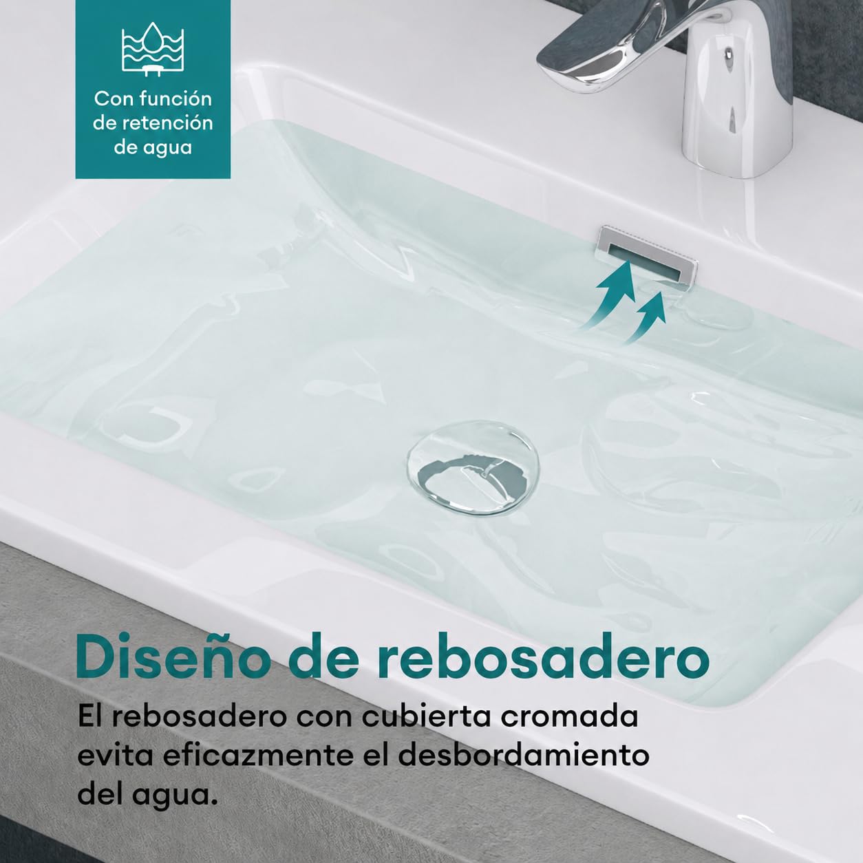Mai & Mai Lavabo Empotrado sobre Encimera Baño Lavabo | Rectangular | Blanco Brillante | Mármol Fundido | 80x48x14cm | con Orificio para Grifo con Rebosadero | Colossum02 | Colossum02 - Lavabo empotrable rectangular con 1 orificio para grifo, función de r