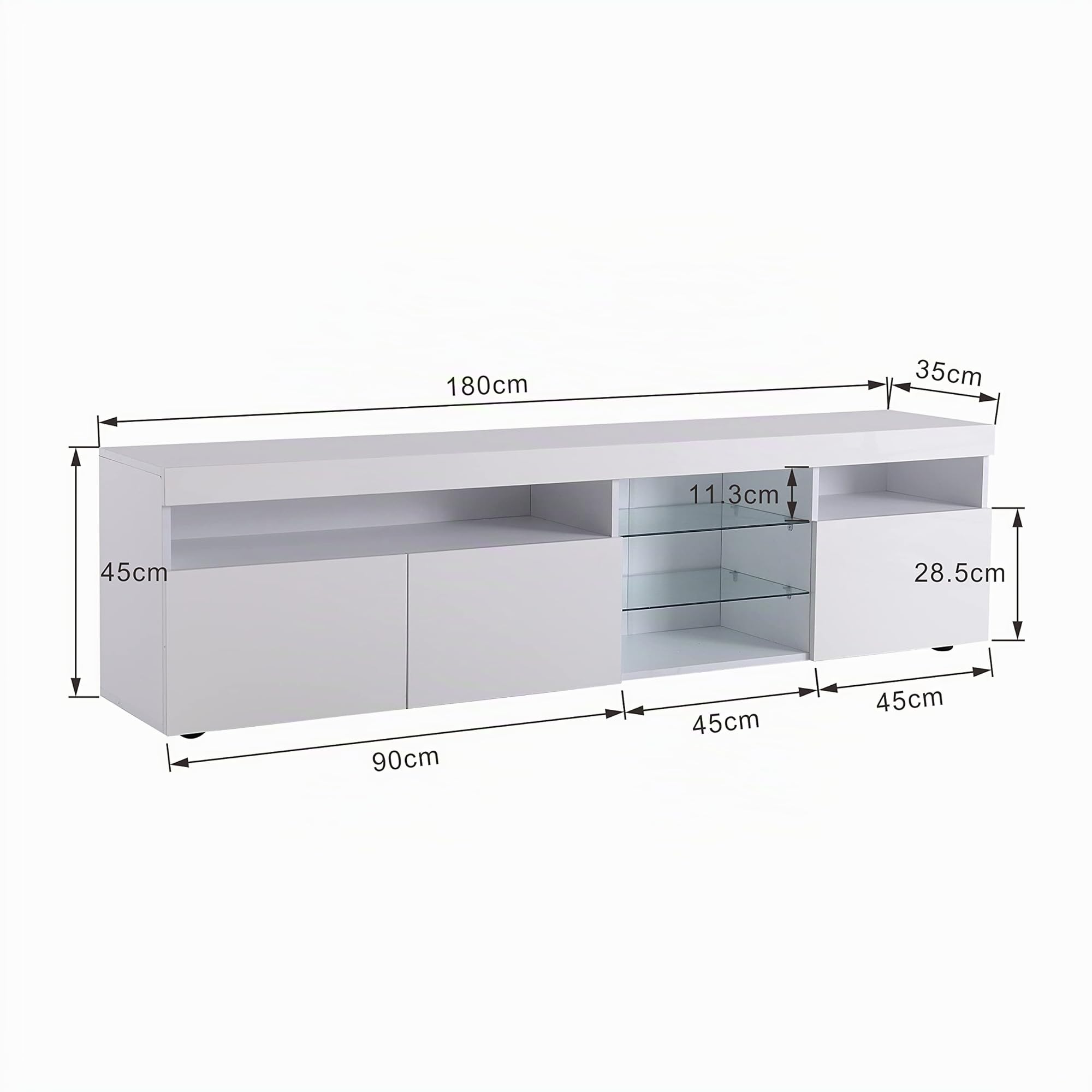 Mueble bajo para TV (180 cm, con iluminación LED, 3 puertas, 180 x 35 x 45 cm), color blanco