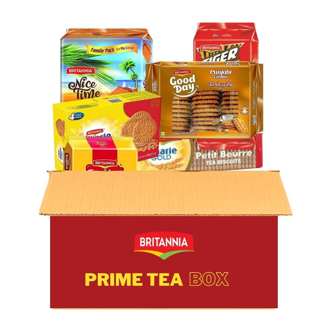 Britannia Prime Tea Value Pack | Cookies & Biscuits Variety Pack | Breakfast & Tea Time Snacks | Healthy, Delicious & Crispy | Treat for Friends & Family (Pack of 14)