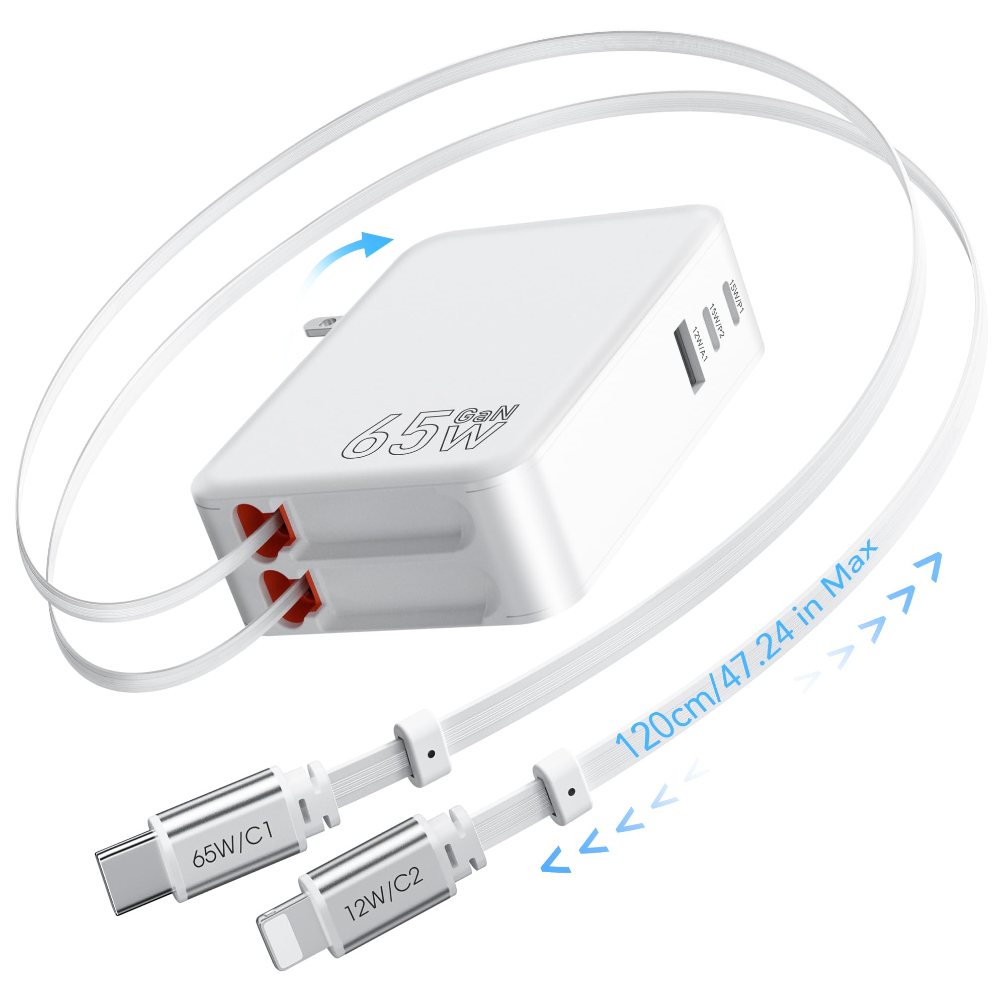 Amazon | GLILAVOX 65W 5in1 120cm 充電コード付き 巻き取り式 充電器