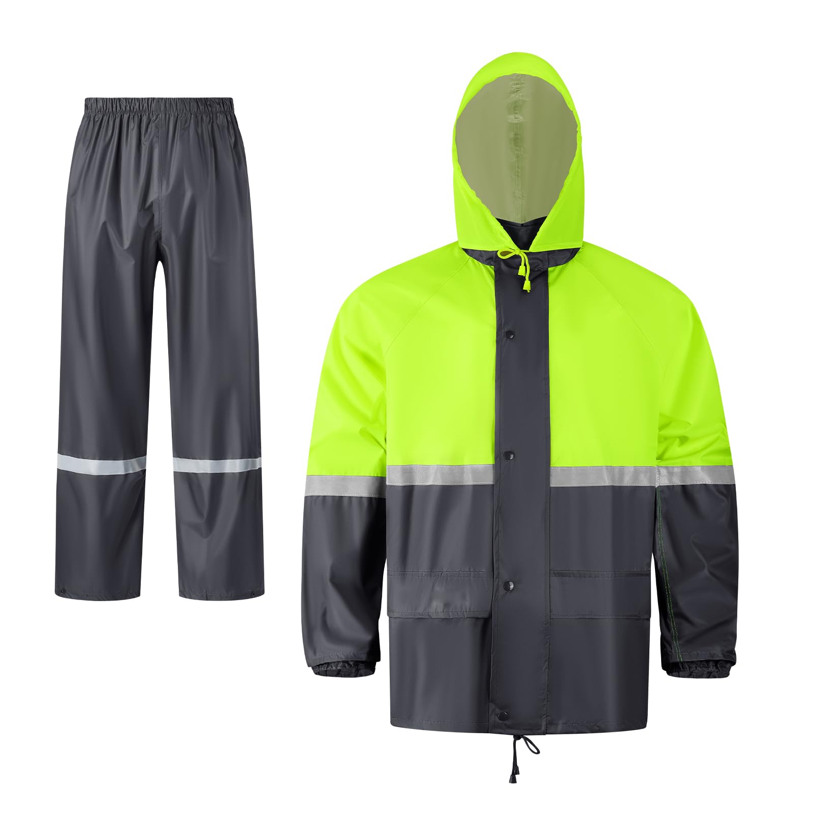 Men's Lightweight Waterproof Rain Suit - Reflective Jacket &amp; Pants with Hood for Outdoor Work, Fishing, Hiking