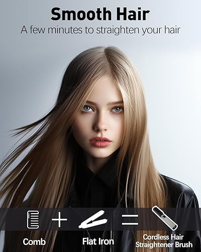 Miniatura 5 de B.ZSSY Cepillo alisador de pelo portátil, cepillo de hierro plano inalámbrico para cabello liso, recargable por USB, calentamiento rápido,