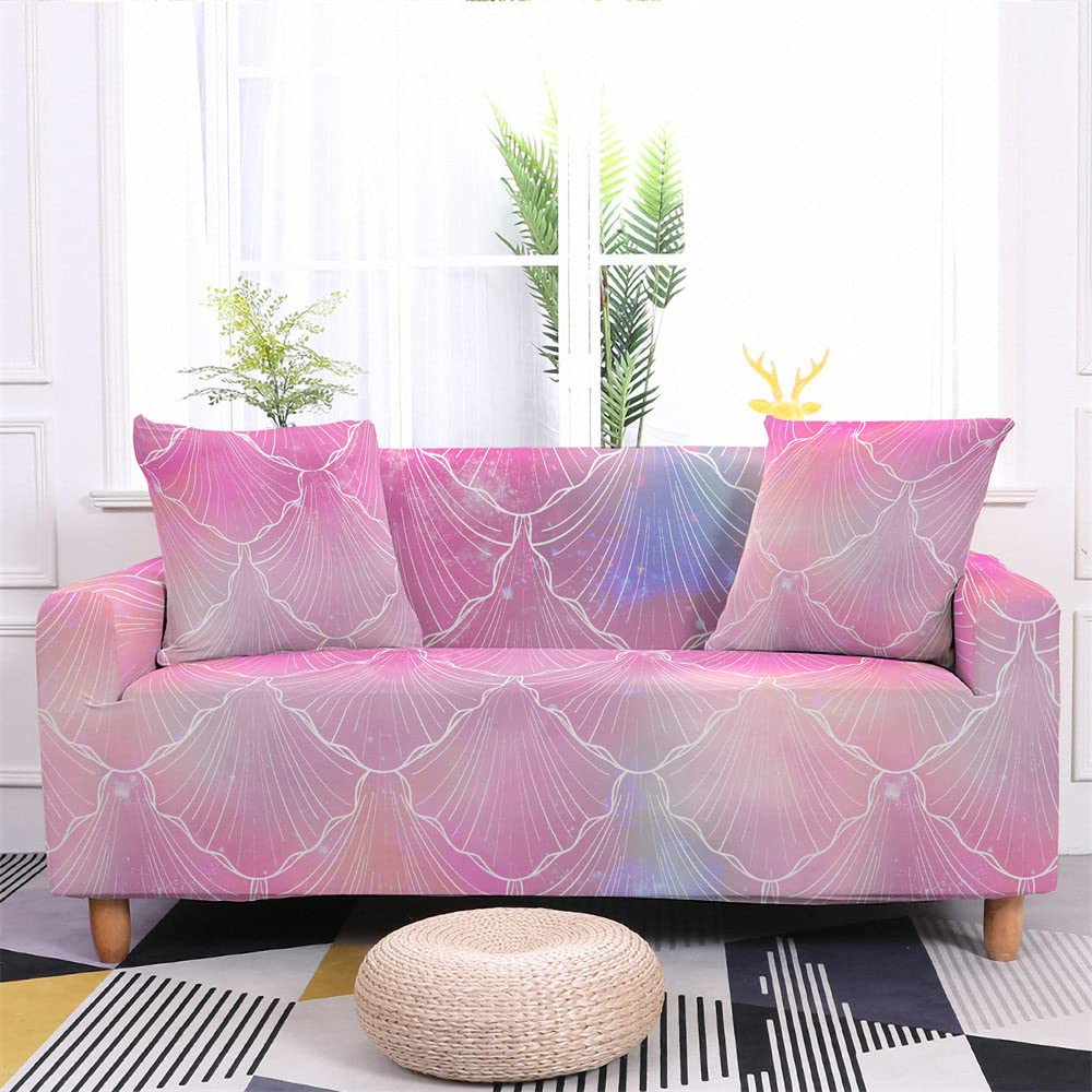 XYFCJK Stretch Couch Cover with 2 Pillowcase - Abstract Colour Printed Room Soft Loveseat Sofa Slipcover, Washable Furniture Protector for Pets Kids Dog Cat,Pink,2 Seater 145,185Cm