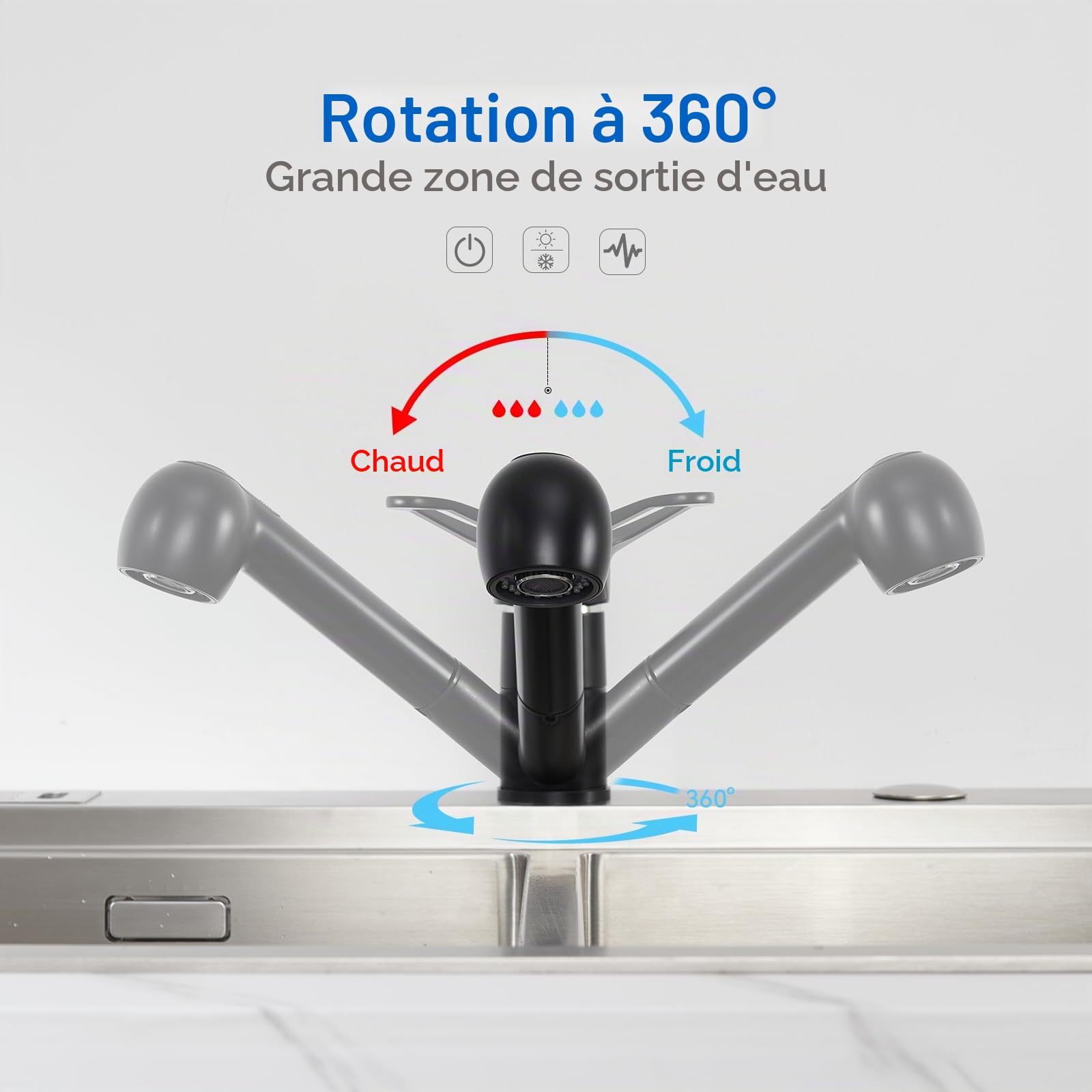 Auralum Robinet de Cuisine Noir Douchette Extractible 2 Jets Mitigeur Évier 360° Laiton Monotrou Eau Froide Chaude
