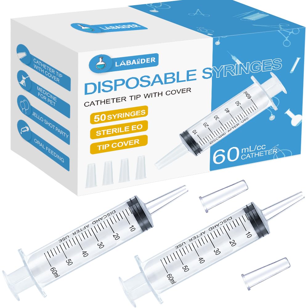 Confezione da 50 siringhe da 60 ml con coperchio, siringhe grandi in plastica da 60 cc per siringhe per gelatine, liquidi, orali, alimentazione di animali domestici, cibo, erogazione - sterilizzate
