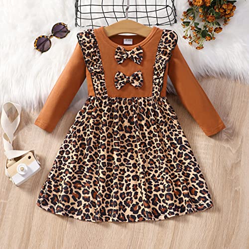 Retsugo Girl Long Sleeve Winter Dresses Casual Splicing Ruffles Bowknot Dress For Baby Girls Kids Cute Leopard Print Outfit Dresses 1-6Years Leopard Print-1204-5T #TOP1