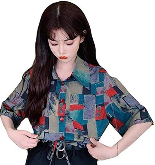 Amazon ミートン 半袖シャツ レディース 夏 ショート丈 レディース薄手 レトロ プリント トップス ファッション ストリート カジュアル お出かけ 写真色 F シャツ ブラウス 通販