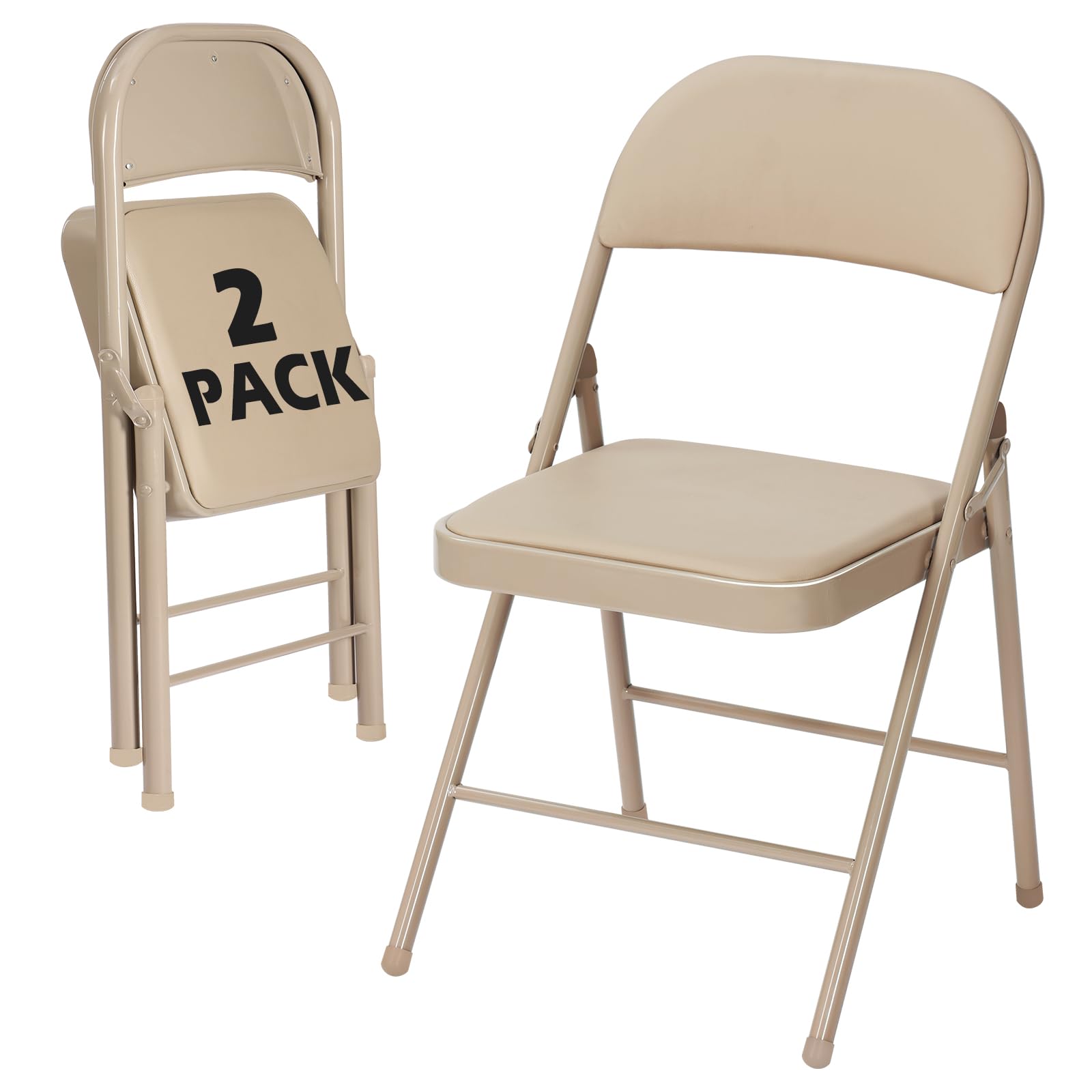 2 Pack Khaki Padded Folding Chairs with Metal Frame