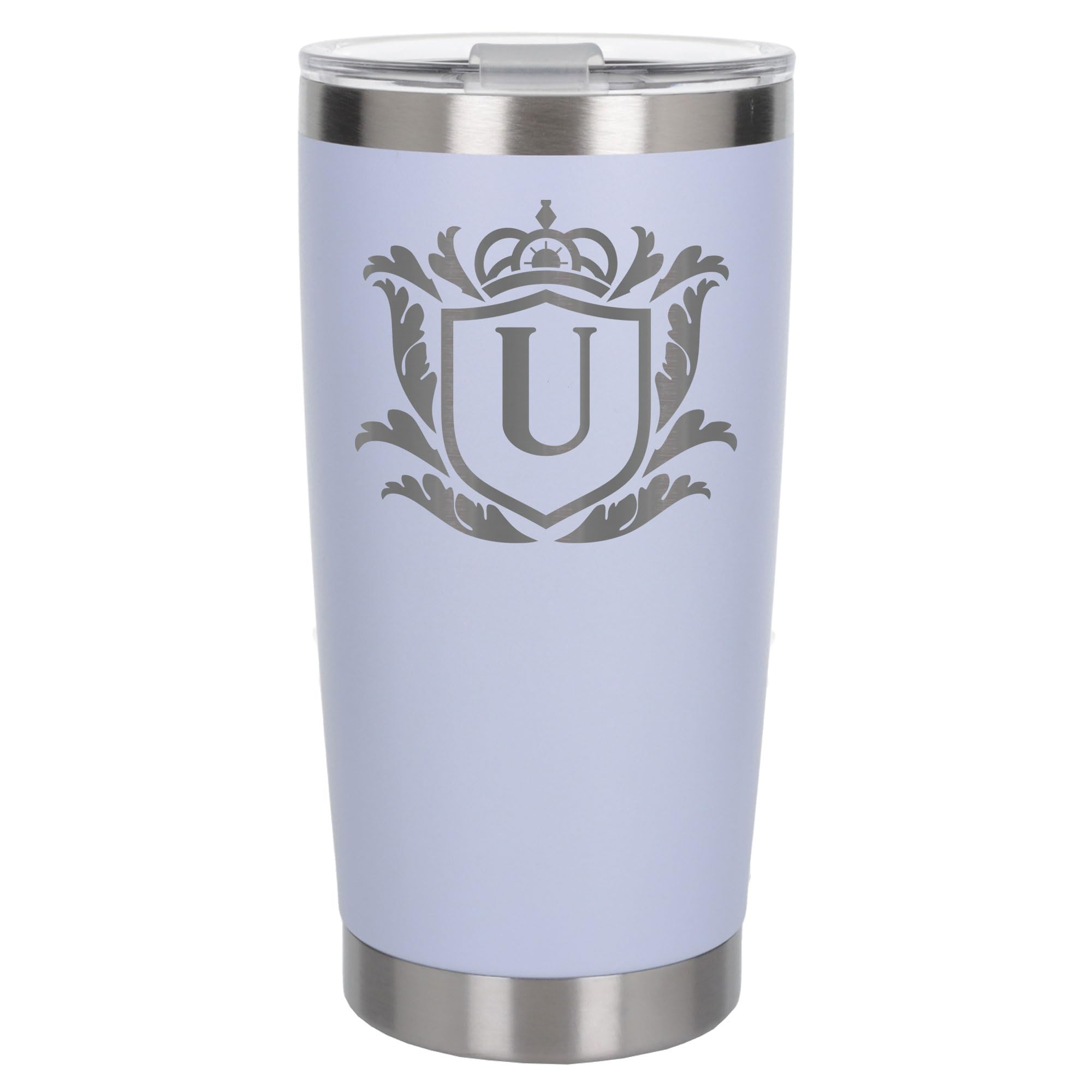 Customised Gifts 500ml Engraved Shield Initial Monogram Insulated Personalised White Travel Mug for Men and Women - Personalised Initial Coffee Travel Mug for Hot and Cold Beverages, Letter U