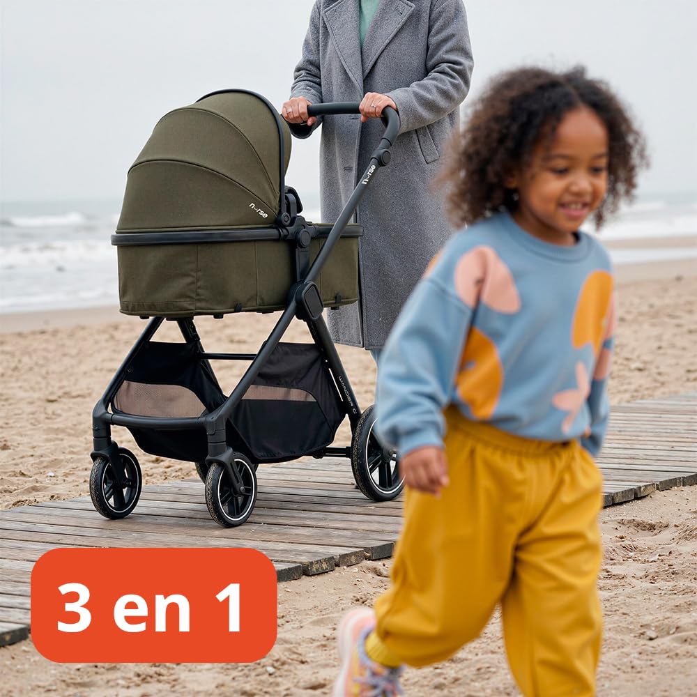 Nurse Wander C Trio Poussette Bébé 3 en 1, Nacelle Convertible en Hamac et Siège Auto i-Size, Pliage Compact, avec Accessoires, Vert