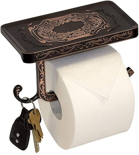 Soporte de papel higiénico con estante para teléfono y gancho, estilo vintage, accesorios de baño reversibles (bronce aceitado)
